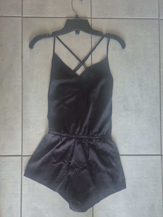 La Vie En Rose Pants - La Vie En Rose Black Satin Crisscross Strap Romper